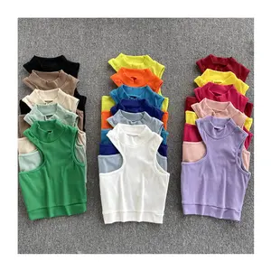 Fashion 16 Color High Neck Tank Sleeveless Cut Out Single Shoulder One Size Stretch Sexy Cotton Crop Top