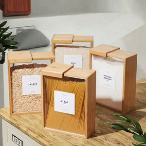 Dispensador de Alimentos de Cocina Rectangular de Madera de Bambú con Diseño Moderno de 3L con Tapa para Almacenar Granos, Arroz, Harina, Botanas y Dulces - Product Image 1
