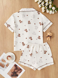 कारखाने थोक महिलाओं के ग्रीष्मकालीन लाउजेवियर सेट प्यारा दिल मुद्रित बटन-अप शीर्ष कैजुअल बुना हुआ कपड़े वसंत के लिए चमकदार नरम - Product Image 3