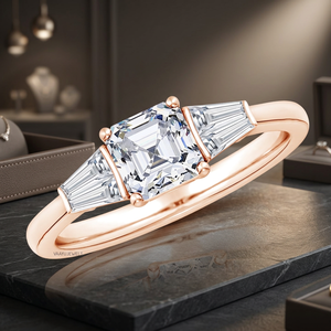 Anillo de Cinco Piedras con Diamante Cultivado en Laboratorio con Corte Asscher, Diamantes Laterales en Forma de Baguette, Certificado IGI, Oro de 10K, 14K, 18K, Plata 925, 935 - Product Image 1