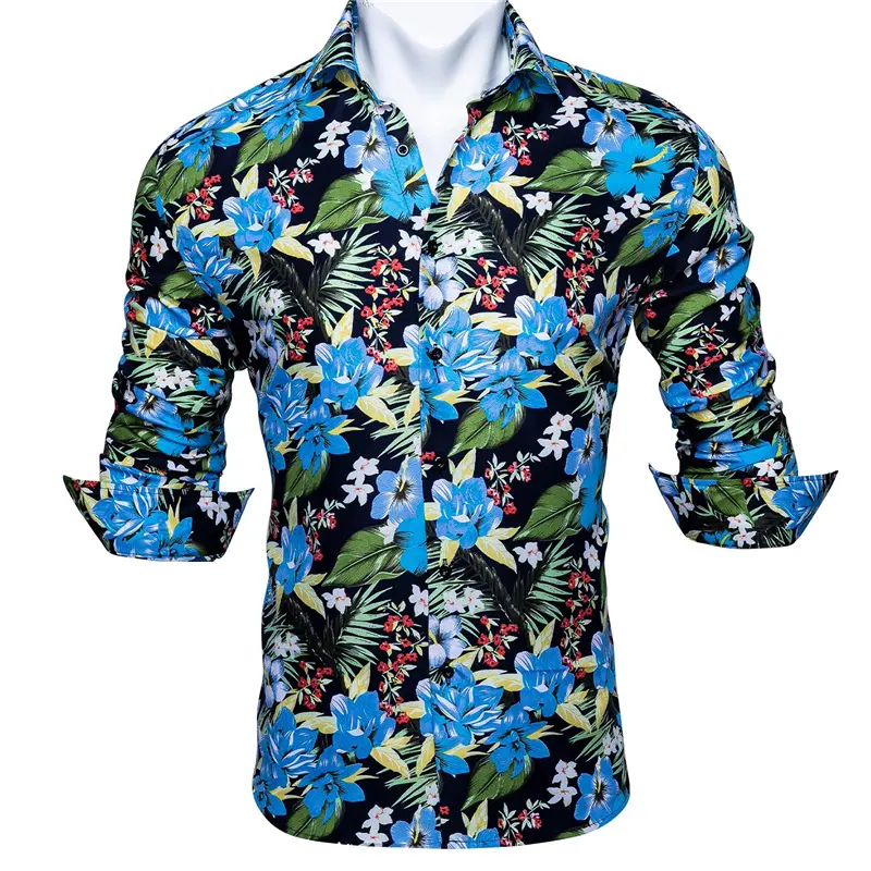 New Design Men Fit Dress Shirt Paisley Floral Silk Shirts Autumn Long Sleeve Casual Blue Red White Flower Shirts For Men