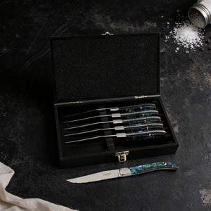 Ensemble de couteaux en acier inoxydable 1.4116, 6 pièces, tranchants comme des rasoirs, à lame dentelée, manche en nacre, ensemble de couteaux à steak Laguiole avec boîte cadeau en bois - Product Image 2