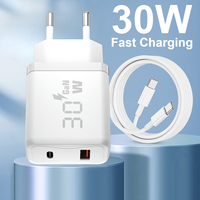 Adaptador de Viaje, Cargador GaN de 30W Ultra Delgado, Cargador USB-C PD de 30W, Enchufe Europeo, Cable USB Tipo-C con Bloque de Carga Rápida