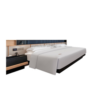 3 Star Hotel Bedroom Furniture Set Integrated <b>Headboard</b> Nightstands Custom Cheap King Queen Size MDF Wooden Plywood Bed Frame - Product Image 4