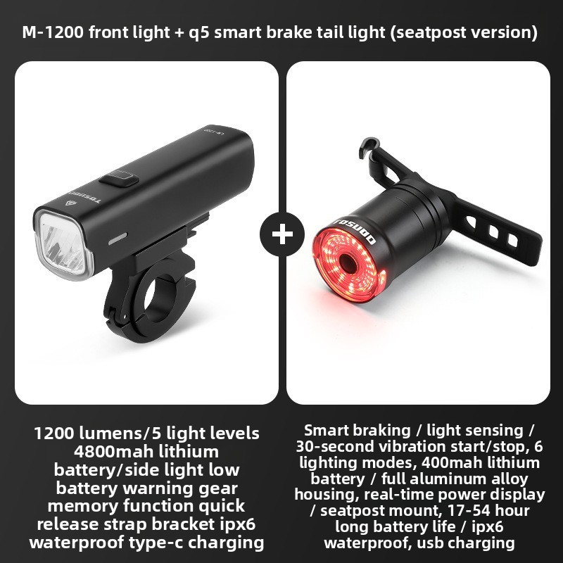 Éclairage avant M-1200 lumens - Éclairage arrière Q5 - Fixation sur tige de selle