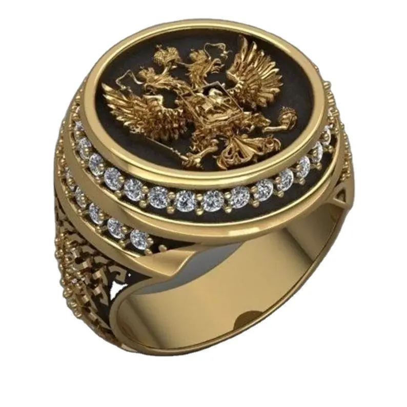 Russische Wapenschild Heren Ring Legering Geest Van Het Rijk Twee Hoofd Adelaar Diamanten Ring