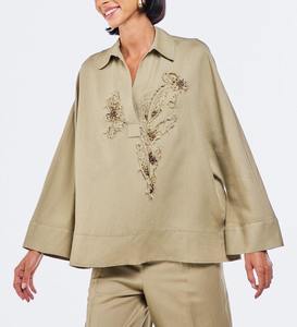 Boutique Wholesale Spring Summer Fashion <b>Women's</b> Casual Linen Cotton Beaded Embroidered Lapel Wide Sleeve <b>Loose</b> <b>Shirt</b> - Product Image 2