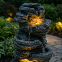 Fuente de Agua en Cascada de Resina de 6 Niveles para Exteriores, Impermeable, Independiente, con 3 Luces LED, para Jardín, Patio, Terraza, Estilo Roca Natural