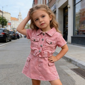 Conjunto de Dos Piezas de Mezclilla Vintage Rosa de Manga Corta para Niñas Pequeñas, Dulce, Moderno, Cómodo y Transpirable, Atuendo de Verano para Niños - Product Image 4