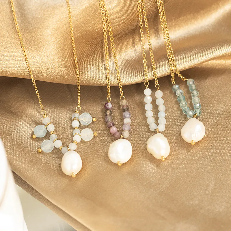 Wasserdichte Charm Fashion Luxus Süßwasser Perlenkette 18 Karat vergoldet Edelstahl Naturstein Perle Anhänger Halskette