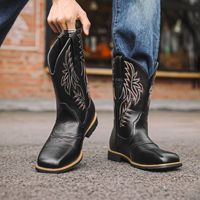 Bottes de cowboy faites à la main pour hommes broderie Western bout carré mi-mollet mâle en cuir Pu sans lacet bottes à bout pointu Zapatos Hombre
