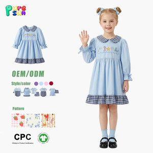 Puresun Abito Casual Personalizzato con Stampa Gingham, Colletto Peter, Maniche Lunghe con Volant, Fiocco e Applicazione Cartoon <span class=keywords><strong>in</strong></span> <span class=keywords><strong>Cotone</strong></span> Lavorato a <span class=keywords><strong>Maglia</strong></span> per Bambine, Lunghezza al Ginocchio - Product Image 1