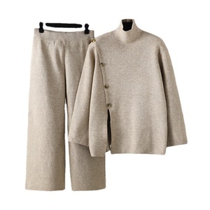 Blubelle 2025 Winter New Casual Women's Turtleneck Solid <strong>Knitted</strong> Button Woven 2-Piece Set Split <strong>Hem</strong> <strong>Sweater</strong> + Wide-Leg Pants - Product Image 6