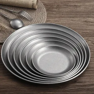 Vintage Metal Round Dinner Plate Retro Stainless Steel Dish Industrial Style Western Tableware For Hotel Restaurant Kitchen