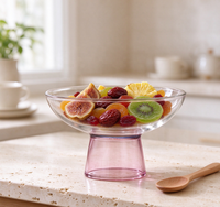 Bol à fruits en verre borosilicate transparent, base sur pied rose clair, large ouverture, plat de service pour desserts, collations, décoration de table