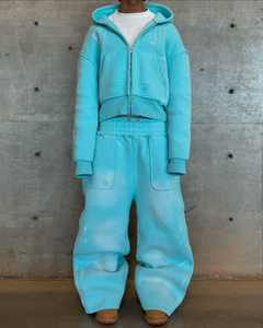 Custom Lavado Suor Suit Zipper Hoodies Tricô Set Impressão Personalizada Acid Wash Distress Flared Sweatpants e Hoodie Set - Product Image 2