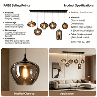 Lustre LED moderne et minimaliste Lampe à suspension d'art en verre rond fumé Lustres décoratifs de cuisine d'intérieur simples et créatifs