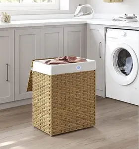 Panier à linge tissé à la main avec couvercle et poignées Panier de rangement en osier pliable et amovible