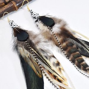 Pendientes de <span class=keywords><strong>Aro</strong></span> Largos Bohemios Hechos a Mano al por Mayor, <span class=keywords><strong>con</strong></span> Borlas y <span class=keywords><strong>Plumas</strong></span> Reales, Estilo Vintage, para Mujer - Product Image 1
