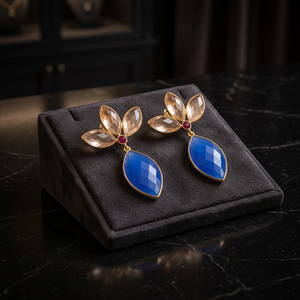 Boucles d'oreilles pendantes en calcédoine bleue fumée, plaquées or, motif floral, bijoux fantaisie tendance, vente en gros - Product Image 2