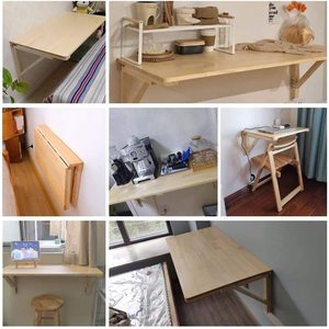 Solid <b>Wood</b> Folding Wall Mounted <b>Table</b> Natural Color Rectangle Minimalist Design For Home Office Bedroom Dining Room - Product Image 4