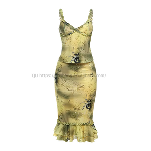 Women's 2 Piece Floral Print Set Spaghetti <b>Strap</b> Cami & Ruffled Midi Skirt for Party & Evening Wear Fashion - Product Image 3