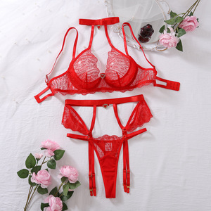 Fashion Embroidery Heart Lingerie <b>Set</b> <b>Sexy</b> Lace See-Through Three-Piece Buckle Leg Strap Bra <b>Set</b> - Product Image 1