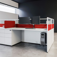 4 Person Office Workstation with Glass Partition Screen Acoustic Fabric Panel & Fixed Cabinet for Open Plan Office