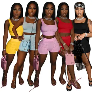 Ready to ship summer 2022 women clothes stylish sleeveless two piece short sets