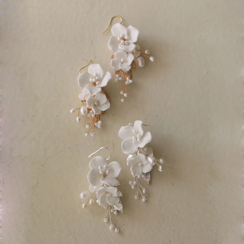 SLBRIDAL Ins Style Sparkling Zircon Crystal Rhinestones Porcelain Flower Freshwater Pearls Bridal Wedding Earring Women Earrings