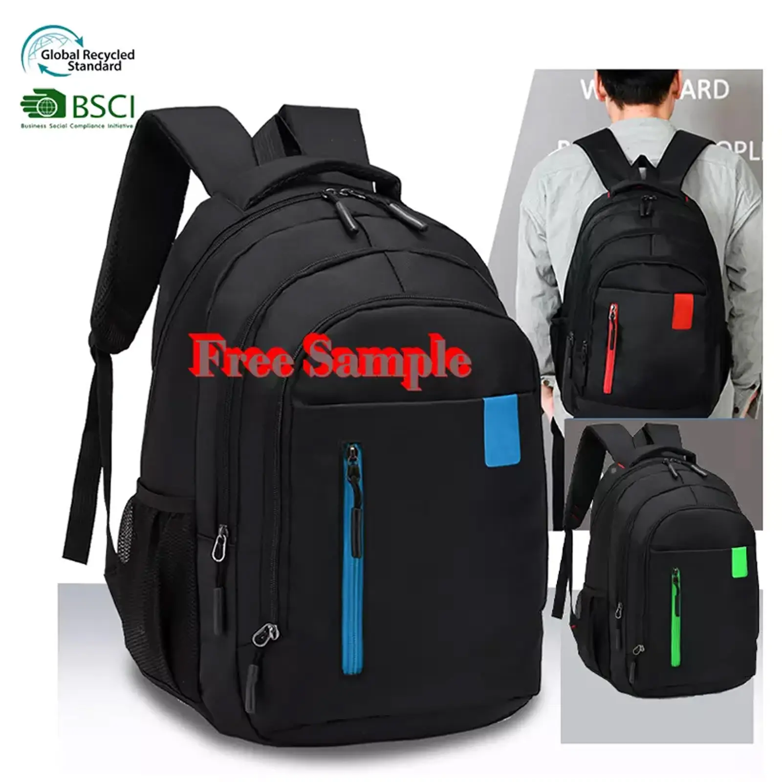 GRS BSCI Customize black back pack schoolbag Waterproof computer Backpack mochila Bookbags bag school for student