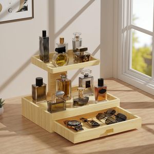 Étagère de rangement surélevée à 2 niveaux en bois de pin pour parfums, avec tiroirs, présentoir multifonctionnel pour femme et homme - Product Image 1
