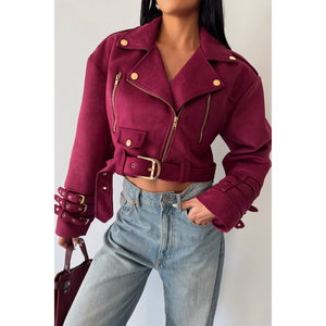 Chaqueta Corta de Ante Borgoña con 3 Mangas, Detalle de Cinturón, Satén, Piel de Oveja, Logotipo Personalizado, Relleno de Poliéster Teñido, Patrón Sólido - Product Image 3