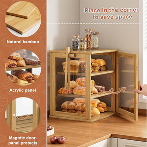 Boîte à pain en bambou pour coin de cuisine, rangement sur comptoir avec panneau acrylique et porte magnétique, grande capacité, double couche - Product Image 1