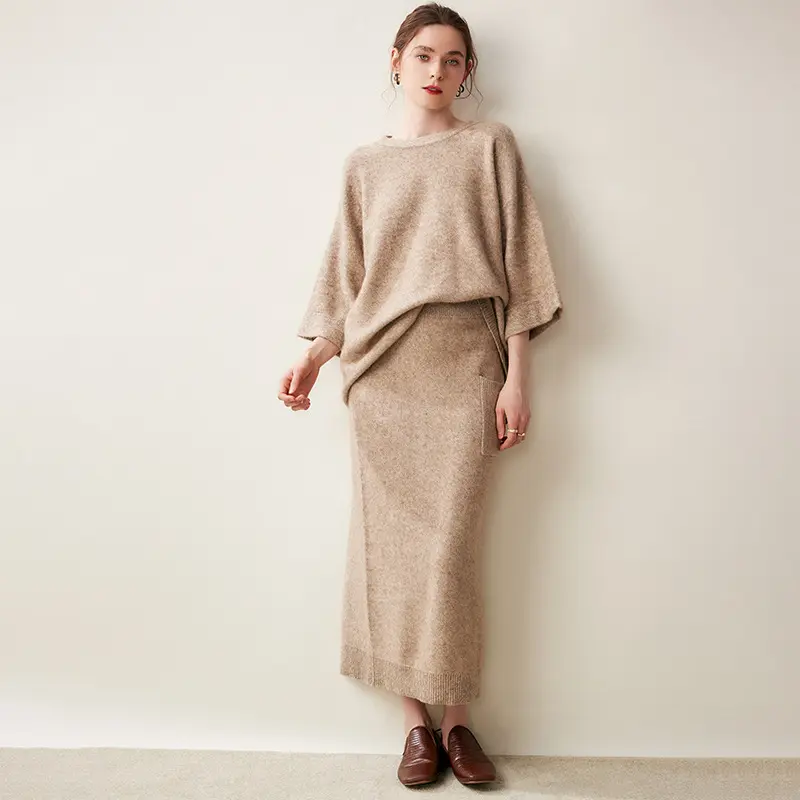 Completo da donna lavorato a maglia in lana Cashmere Pullover gonna lunga 2 pezzi Set maglione in cashmere da donna