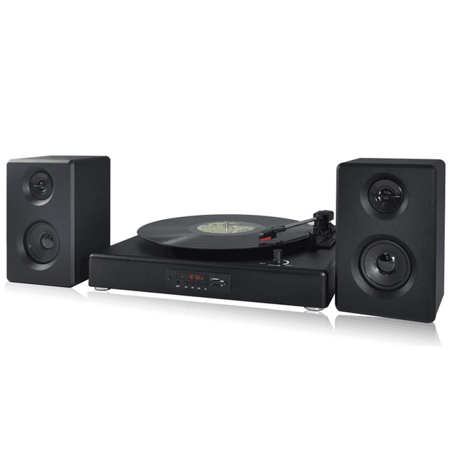 Custom Antique Wooden Fabric Aux Input Complete LP Vinyl Record Turntable Player and Sound System With Active Speakers