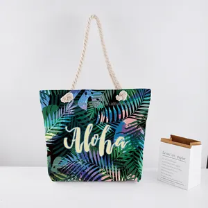 Women casual Tie-dyed Tropical Palm Printing Souvenir Canvas Aloha Beach Tote Bag Summer Black Reusable Hawaii Bags