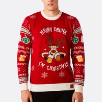Pulls de Noël pour Hommes Motif de Dessin Animé Jacquard Broderie Pull Merry Drunk 25 Manches Longues Logo Avant pour Automne Hiver