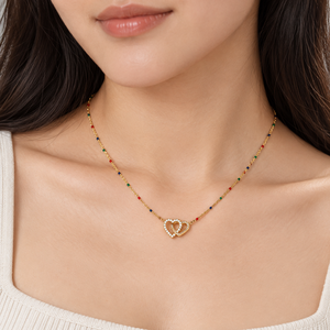Collier double cœur en acier inoxydable plaqué or 14 carats, zircone cubique, chaîne en émail coloré - Product Image 5