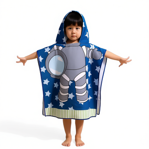HDJ Serviette de plage à capuche pour enfants, motif astronaute, 60x120cm, en polyester, poncho de bain d'été pour enfants, motif étoile bleue - Product Image 1