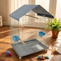 Cage à oiseaux rectangulaire en fil métallique avec toit incliné, design moderne, plusieurs perchoirs en bois, plateau en plastique, mangeoires latérales pour petits animaux