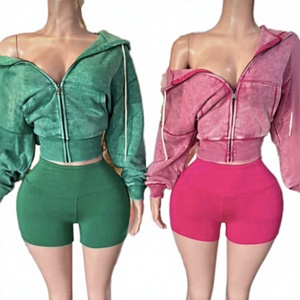 Conjunto de 2 Piezas para Mujer, Top Corto con Capucha y Cremallera, con Pantalones Cortos, Color Sólido, Estilo Deportivo, Primavera Verano, Tejido de Punto, Spandex, Poliéster - Product Image 4