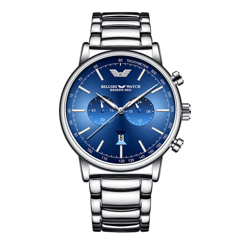 B- 581 with Push Pin Silver Case Blue Silver Steel Belt