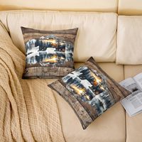 4 housses de coussin en tissu brun avec animaux de la forêt, ours noir et forêt, style campagnard, adaptées à la maison, à la chambre à coucher, au canapé