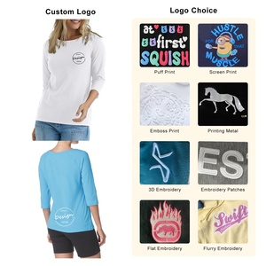 Camiseta raglán de LICRA 95% de algodón peinado 5% de alta calidad personalizada OEM para mujer, camiseta azul ajustada de manga larga de verano de alta elasticidad - Product Image 3