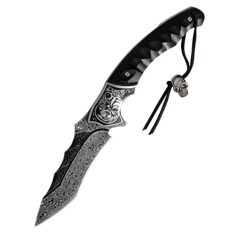 High-end EDC Multifunctional Folding Knife Outdoor Knives Survival Black High Hardness 60HRC Damascus Steel Black Pocket Knife