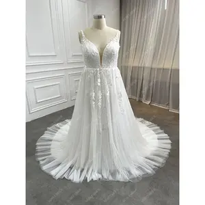 Wholesale Women Boho Applique Lace Fabric Wedding Dresses Bespoke Ladies Beading Spaghetti Straps A Line Silver Gown Plus Size