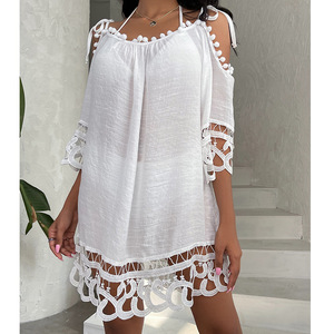 WG NUEVO STOCK <span class=keywords><strong>Dos</strong></span> <span class=keywords><strong>colores</strong></span> recortados Hombro Manga corta Túnica de playa <span class=keywords><strong>Crochet</strong></span> Hem Coverup Ropa de playa - Product Image 3