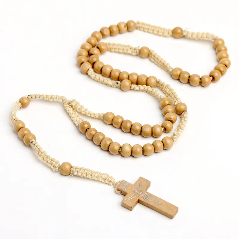 Christian Wood Rosary Beads Crucifix Cross Necklace Handmade Weave Jesus Religious Jewelry