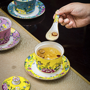 搪瓷陶瓷小汤杯中式植物便携式骨瓷炖锅带盖家庭餐厅酒店 - Product Image 2